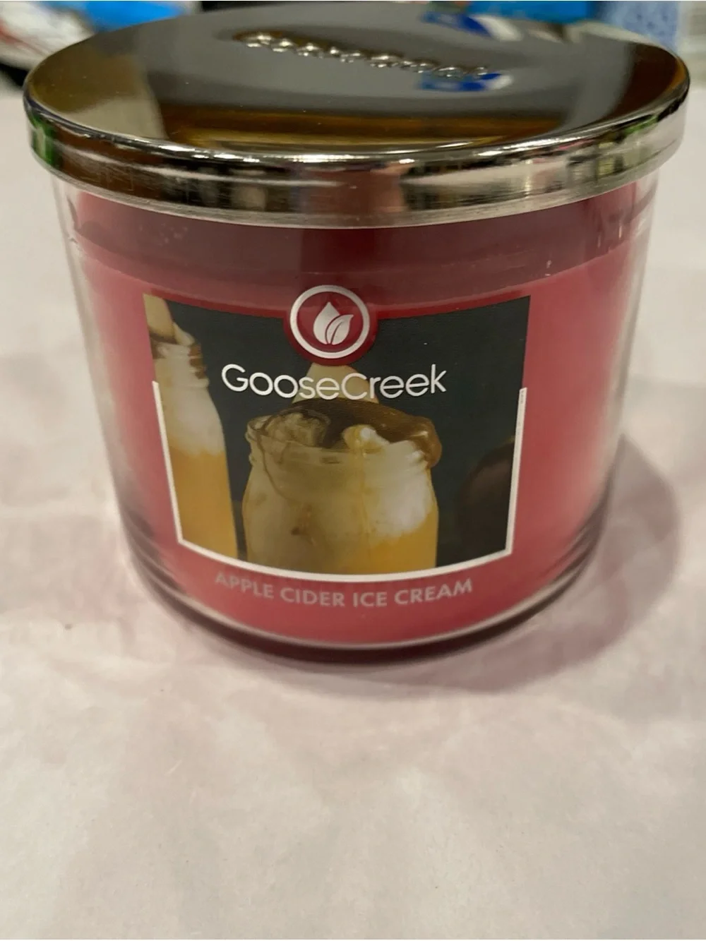 Goose Creek Apple Cider Ice Cream Scented Candle Red Jar with Silver Lid 14.5oz